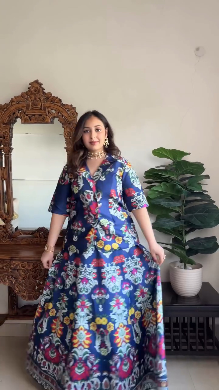 Navy Blue Floral Printed Anarkali Dress with Contemporary Fit